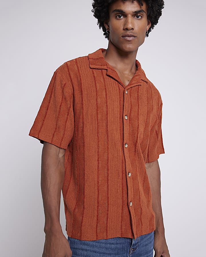Orange regular fit crochet revere shirt