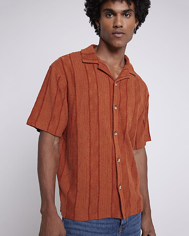 Rust regular fit crochet revere shirt