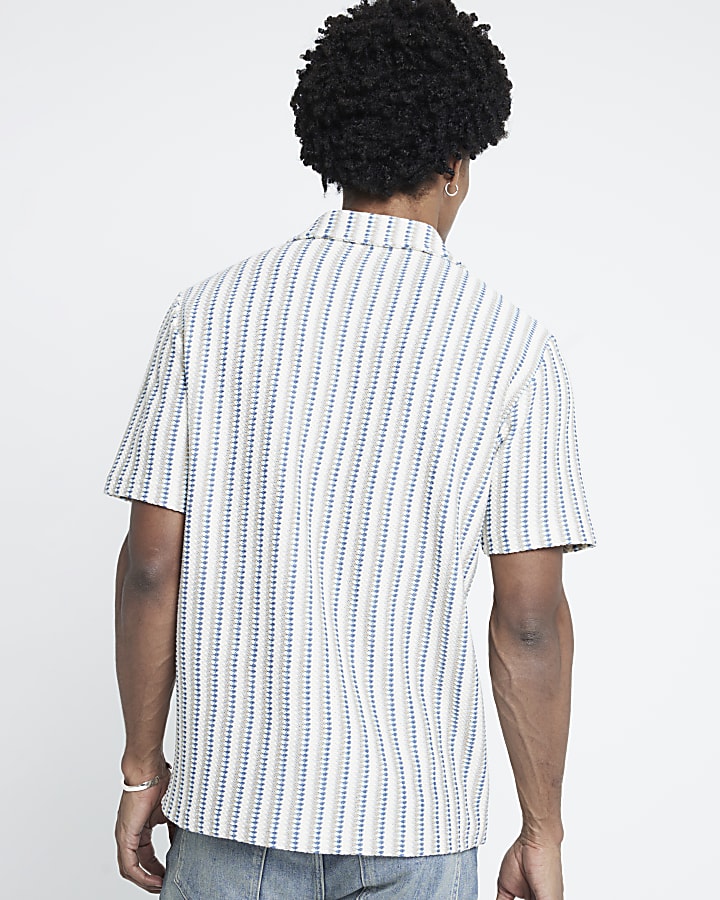 Blue Regular Fit Crochet Stripe Revere Shirt