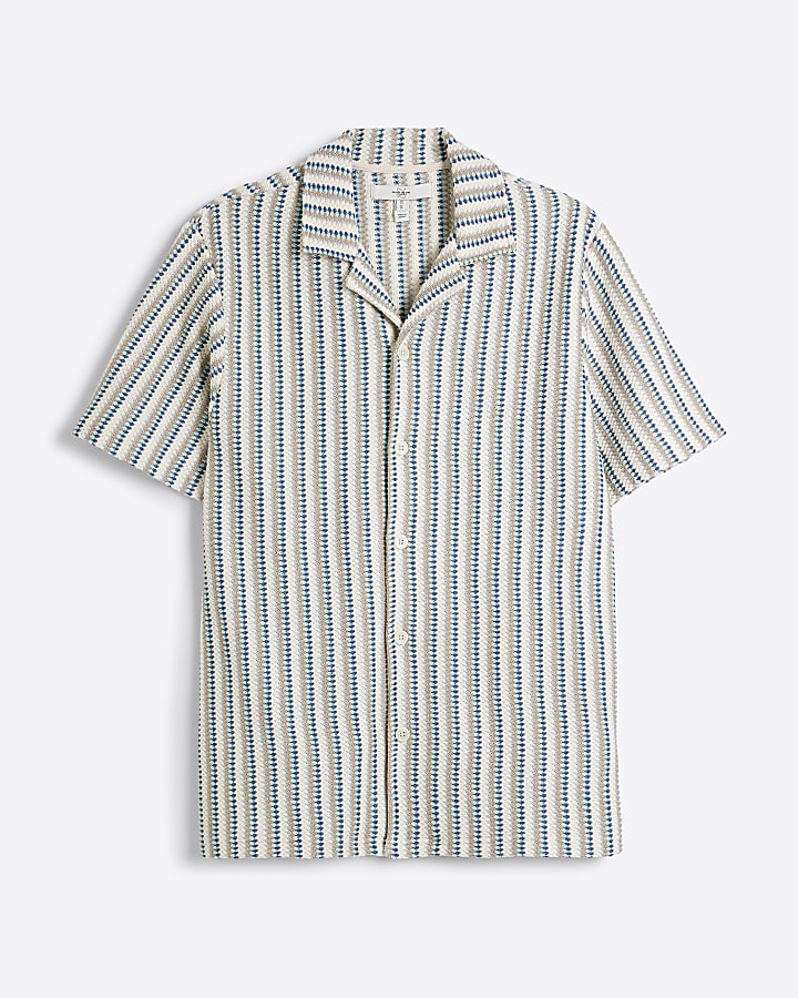 Blue Regular Fit Crochet Stripe Revere Shirt