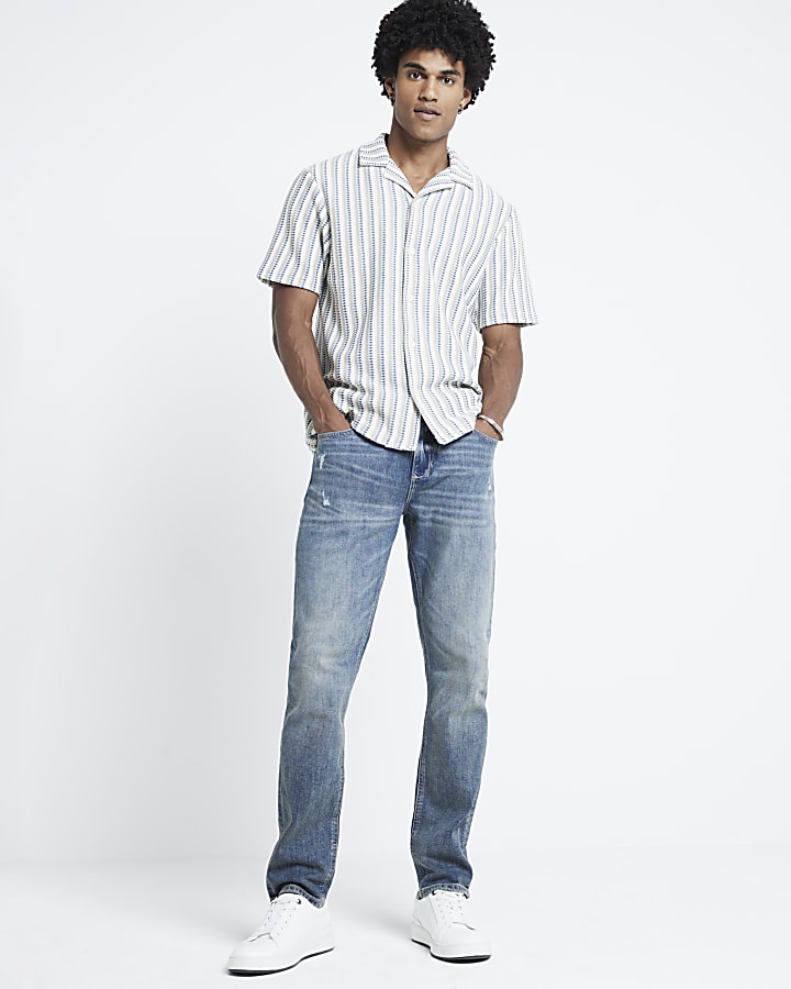 Blue Regular Fit Crochet Stripe Revere Shirt