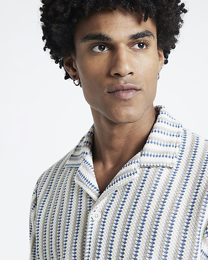 Blue Regular Fit Crochet Stripe Revere Shirt