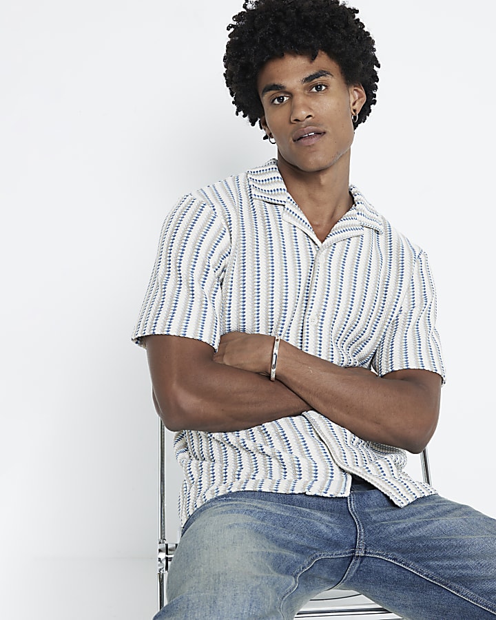 Blue Regular Fit Crochet Stripe Revere Shirt