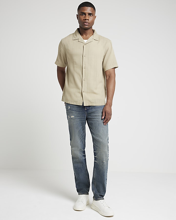 Khaki regular fit textured revere shirt