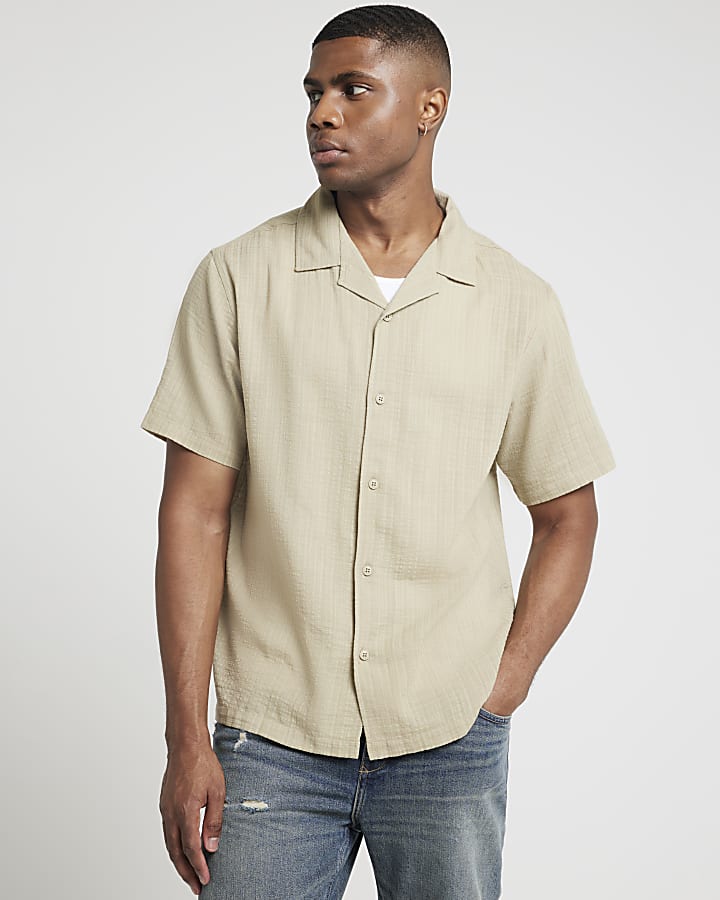 Khaki regular fit textured revere shirt