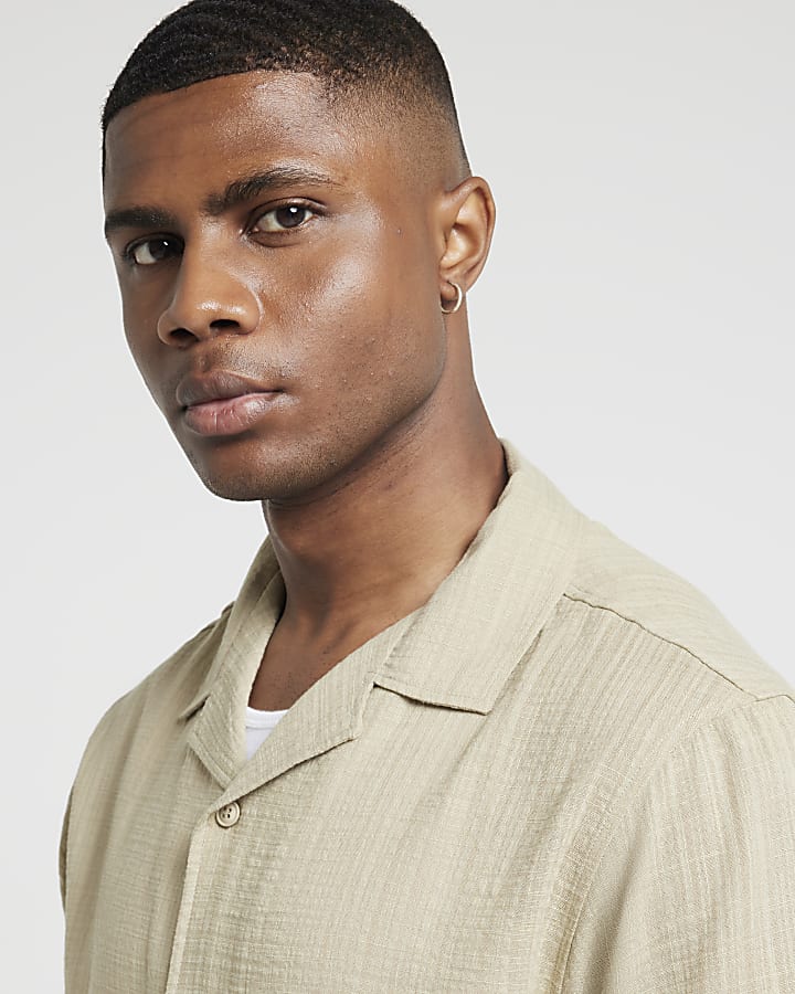 Khaki regular fit textured revere shirt