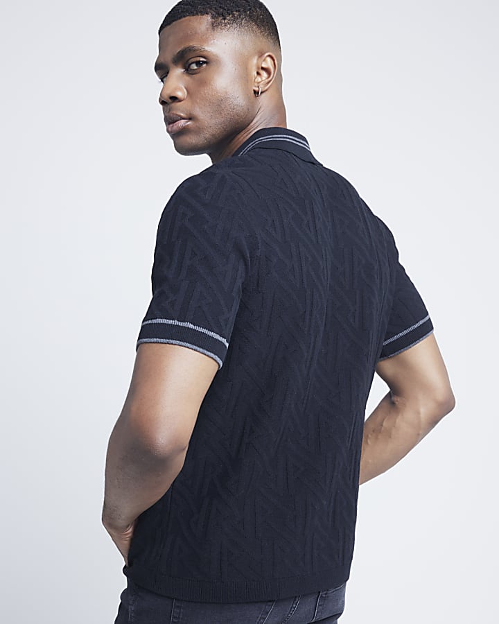 Black Regular Fit Monogram knit Polo Shirt