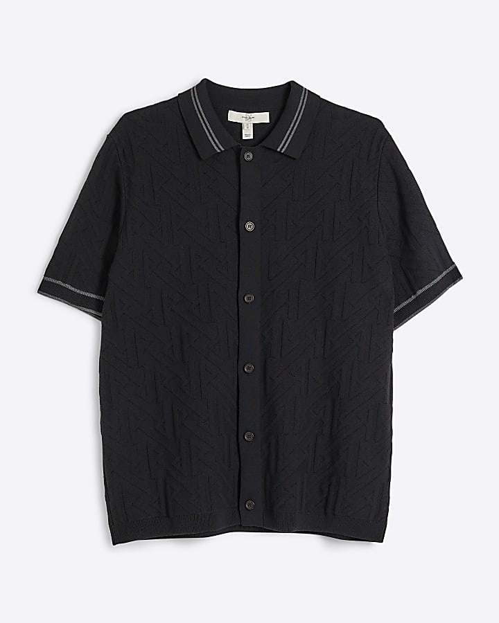 Black Regular Fit Monogram knit Polo Shirt