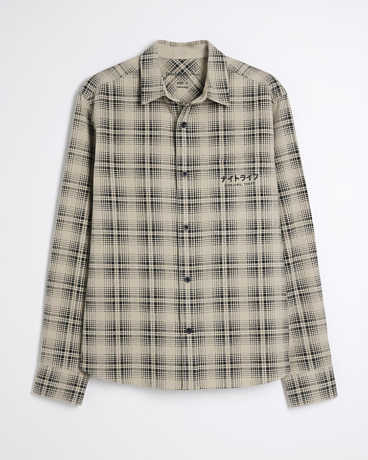 Stone Long Sleeved Flannel Checked shirt