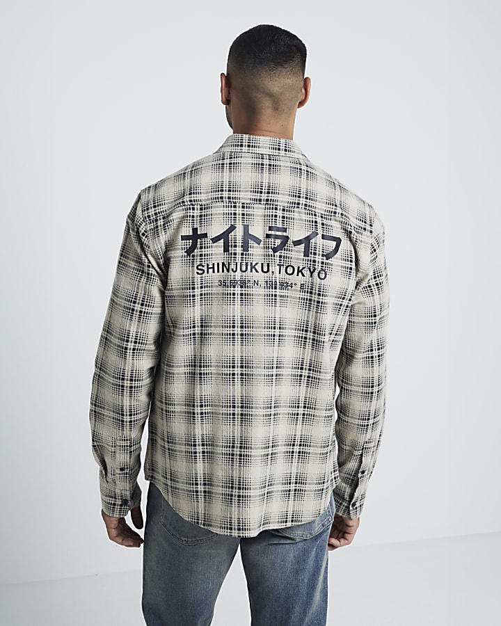 Stone Long Sleeved Flannel Checked shirt