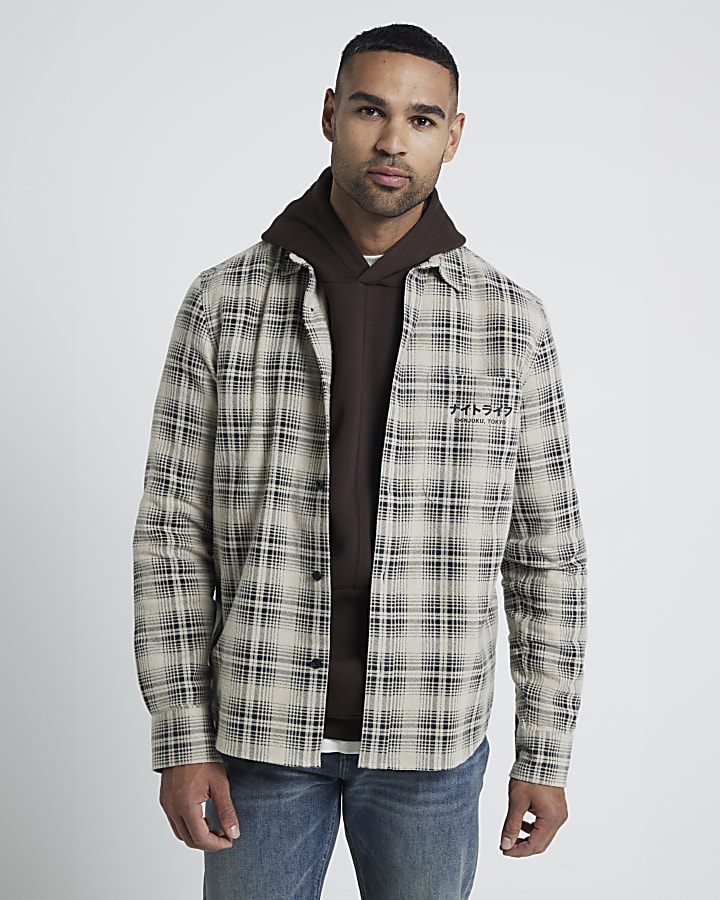 Stone Long Sleeved Flannel Checked shirt