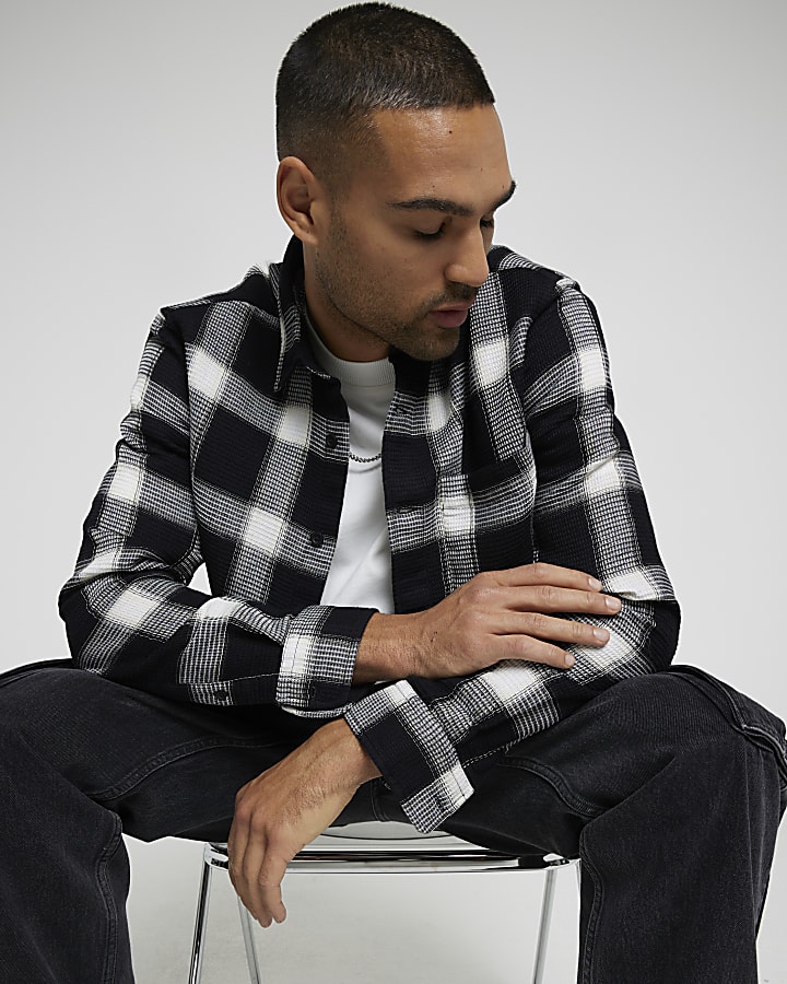 Black Waffle Long Sleeve Check Shirt