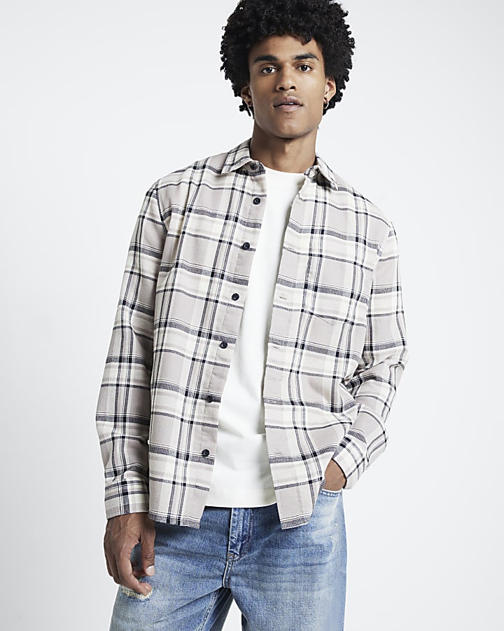 Stone Regular Fit Waffle Texture Check Shirt