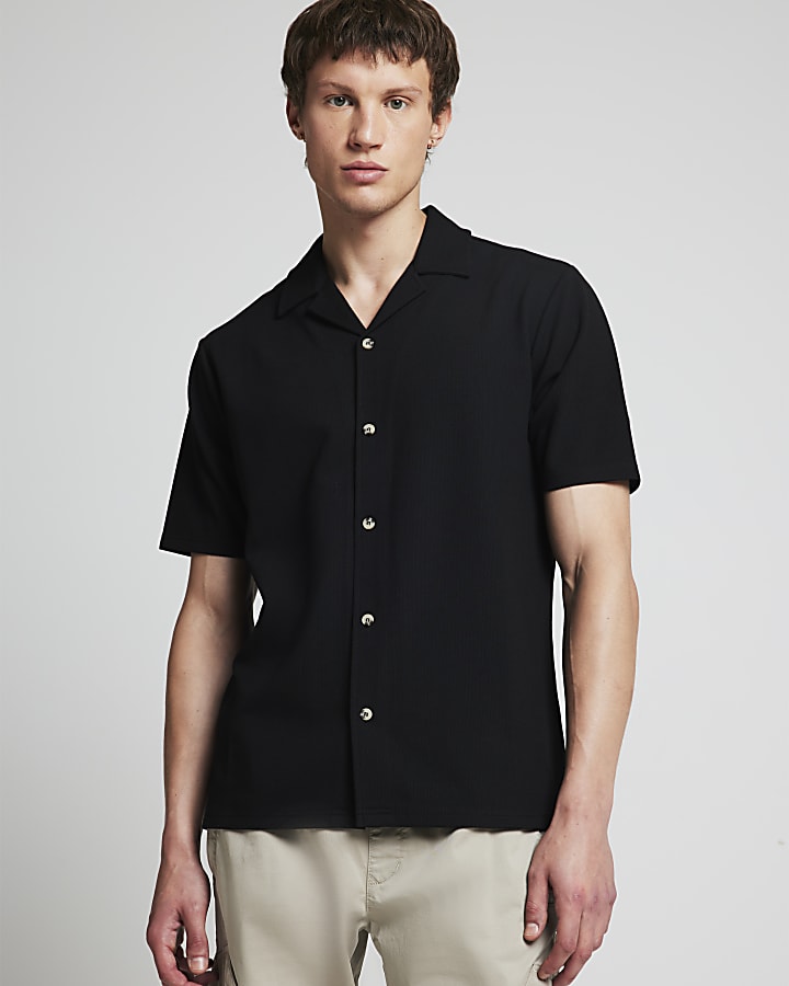 Black slim fit jersey revere shirt