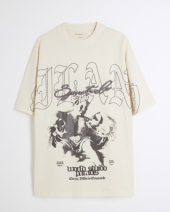 Beige Oversized Short Sleeve Gothic T-Shirt