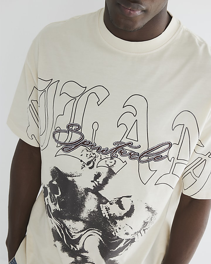 Beige Oversized Short Sleeve Gothic T-Shirt