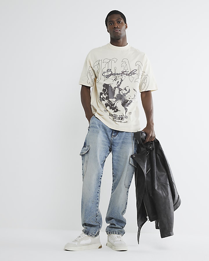Beige Oversized Short Sleeve Gothic T-Shirt