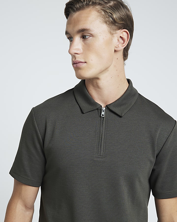 Khaki slim fit stretch textured half zip polo