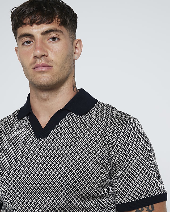 Black slim fit stretch geometric polo shirt
