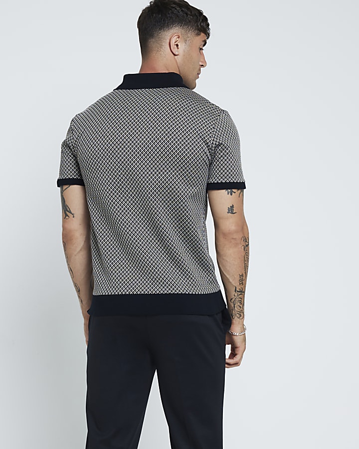 Black slim fit stretch geometric polo shirt