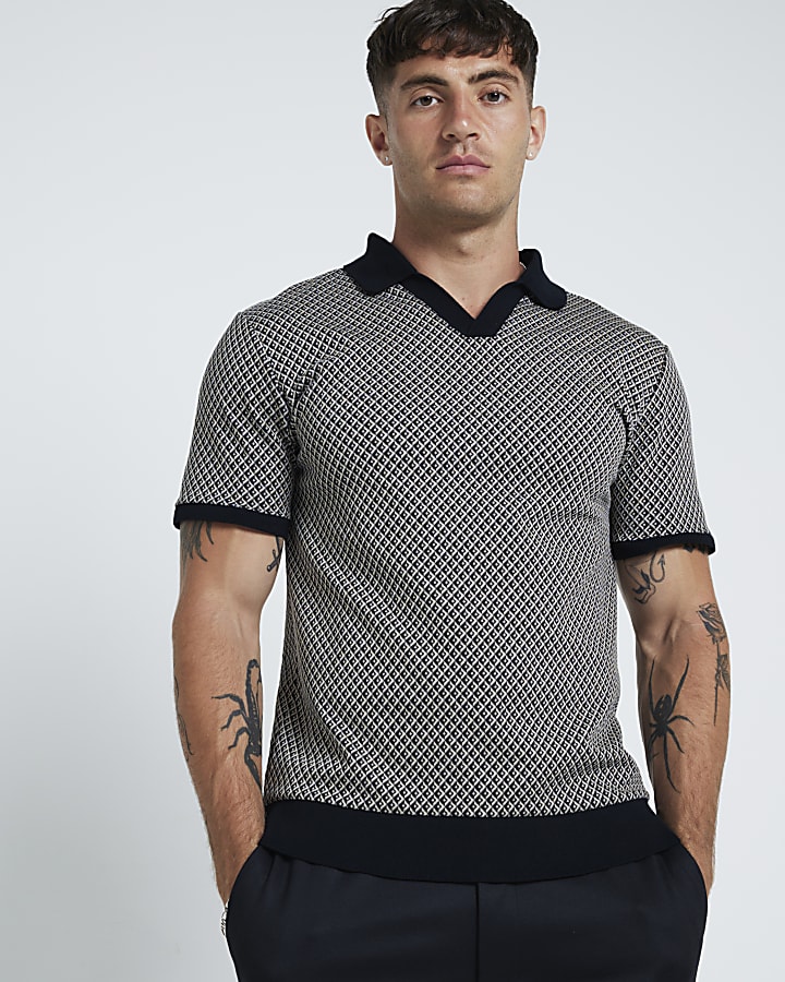 Black slim fit stretch geometric polo shirt