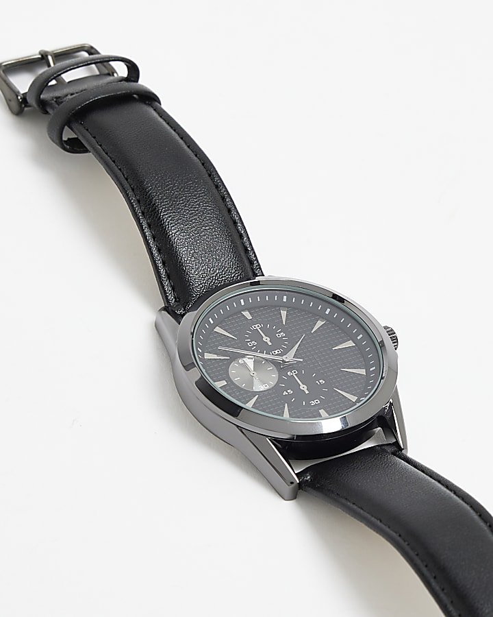 Black Faux Leather Strap Watch