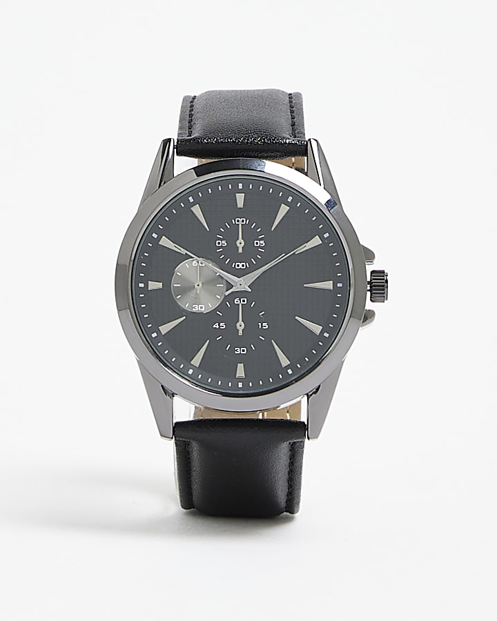 Black Faux Leather Strap Watch