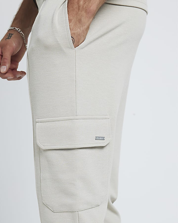 Beige Slim Fit Stretch Smart Cargo Joggers