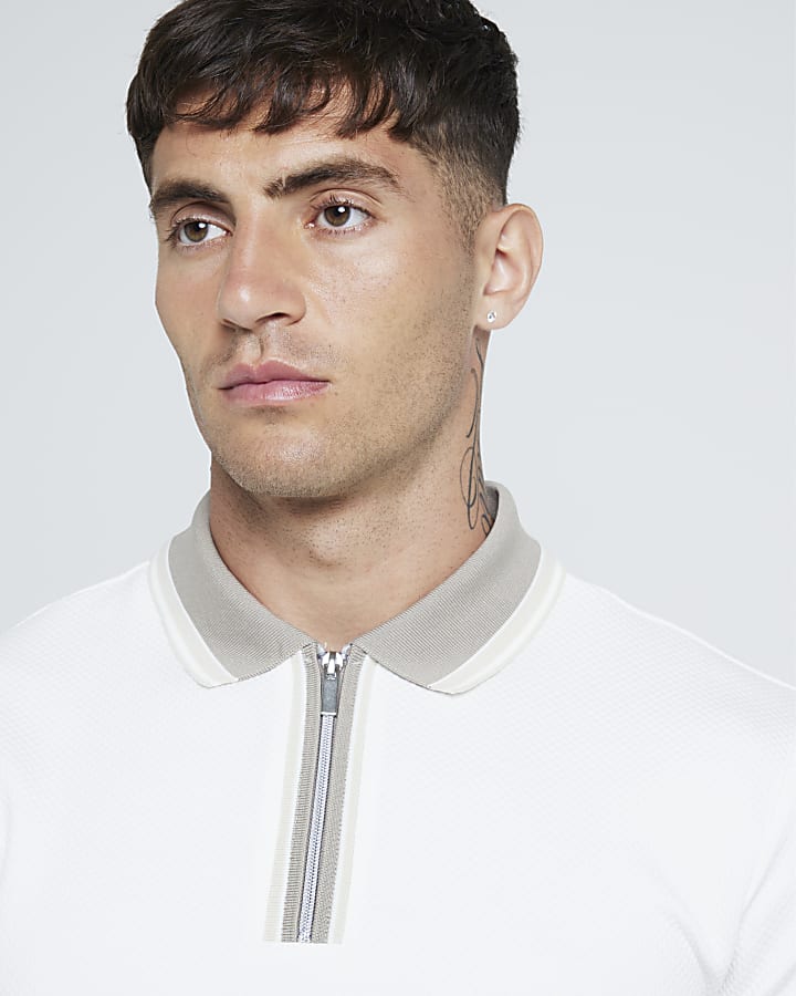 White slim fit textured stretch half zip polo