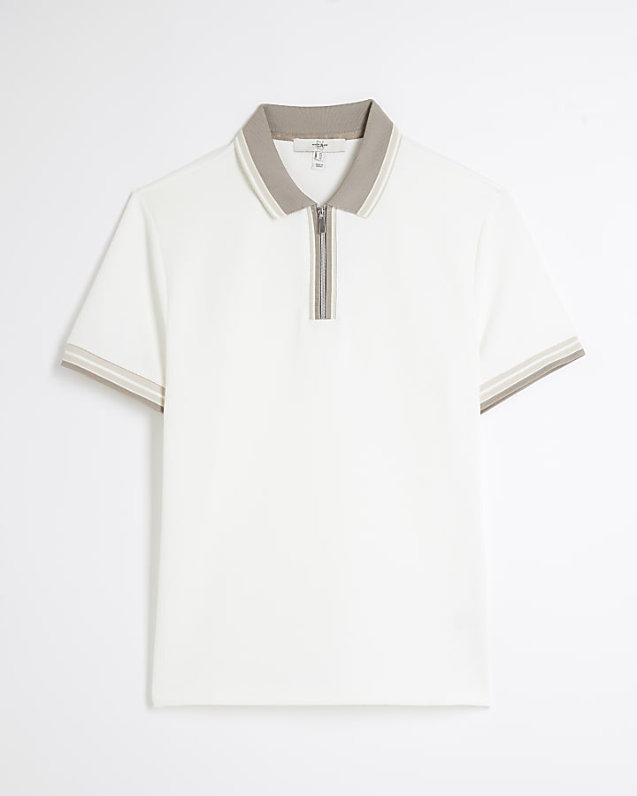 White slim fit textured stretch half zip polo