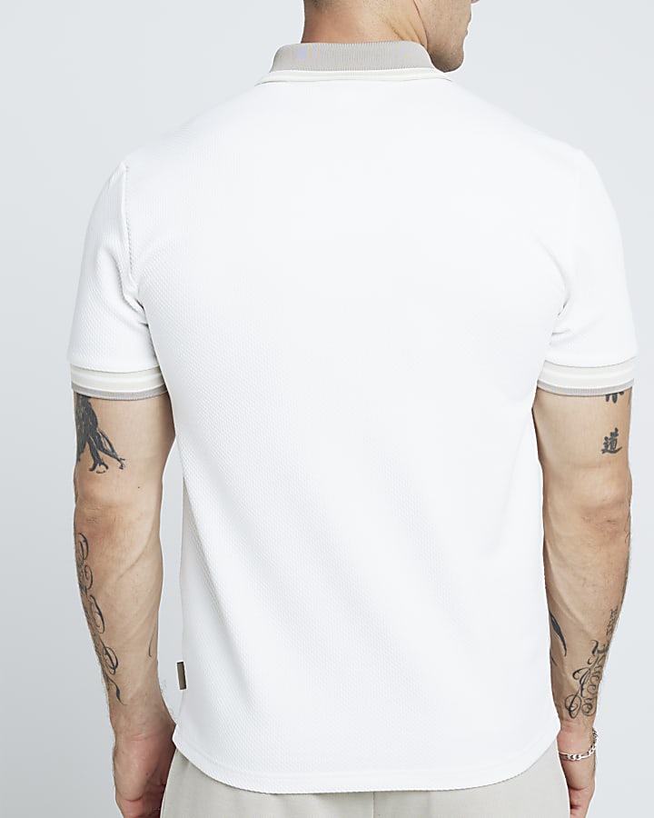 White slim fit textured stretch half zip polo