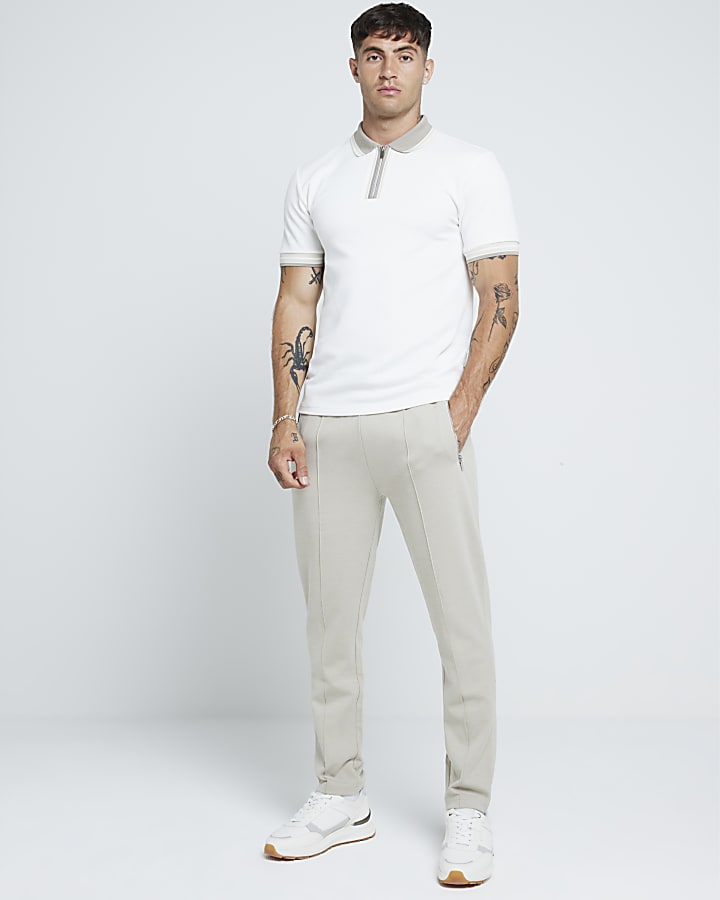 White slim fit textured stretch half zip polo