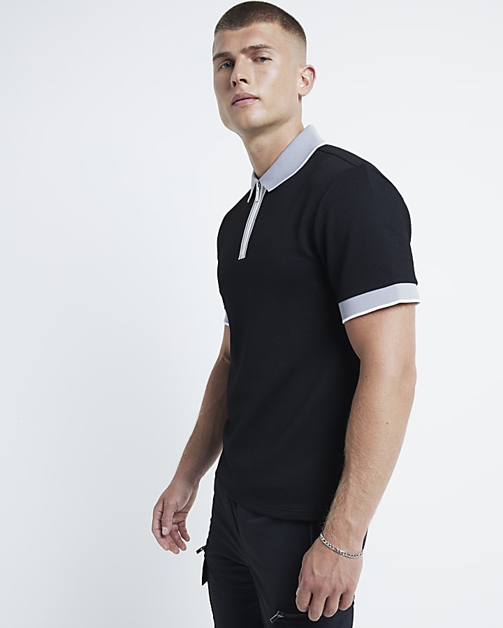 Black slim fit stretch textured polo shirt