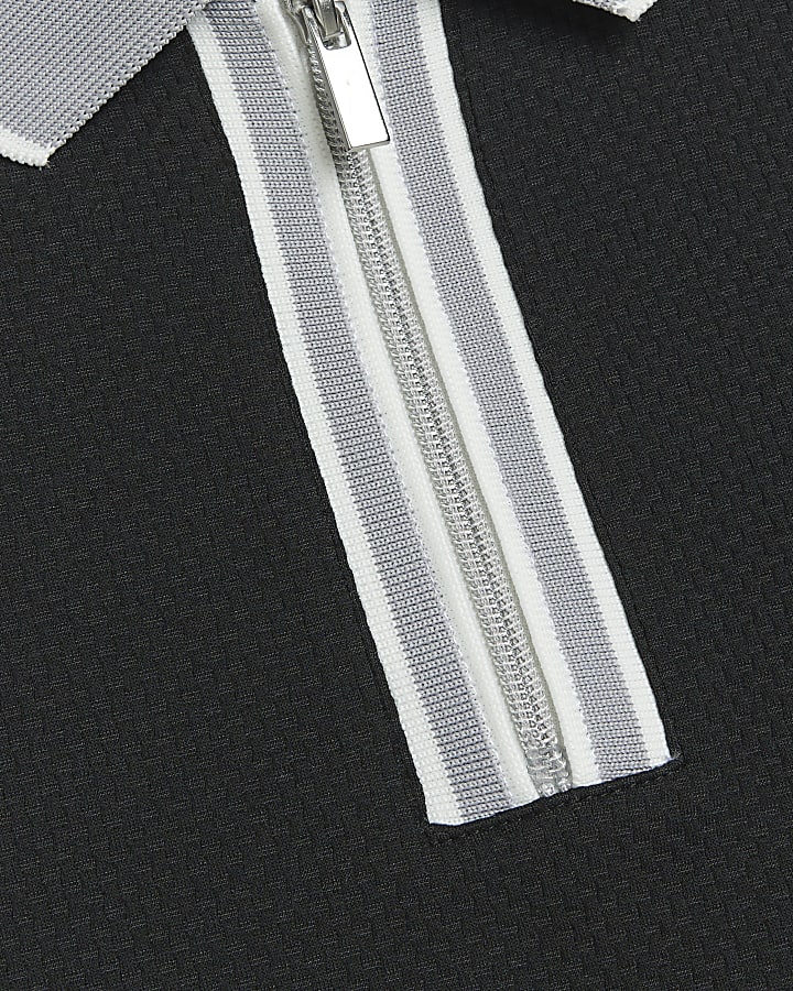 Black slim fit stretch textured polo shirt