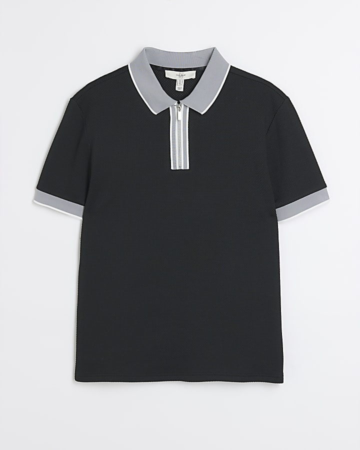Black slim fit stretch textured polo shirt