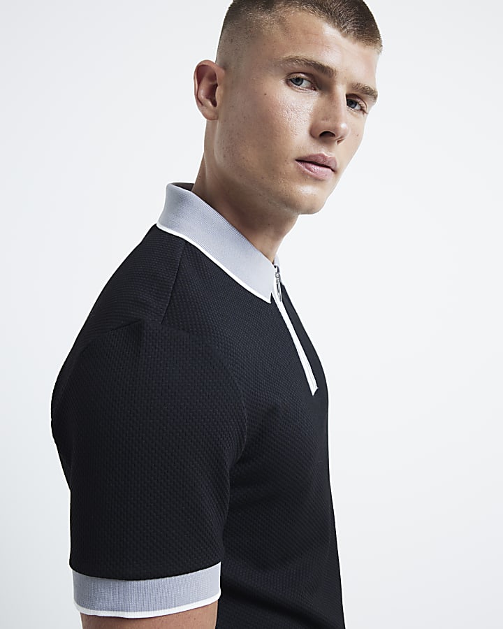 Black slim fit stretch textured polo shirt