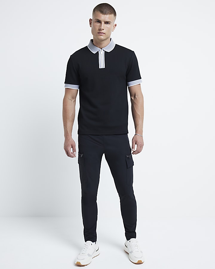 Black slim fit stretch textured polo shirt