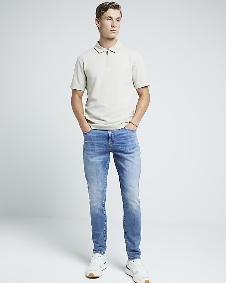Stone slim fit textured half zip polo