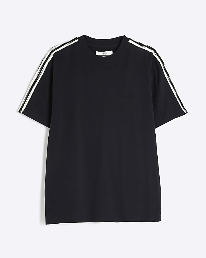 Black regular fit crochet tape t-shirt