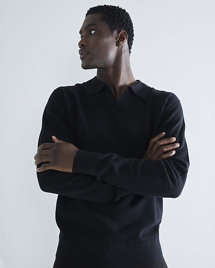 Black Textured Open Neck Polo Shirt