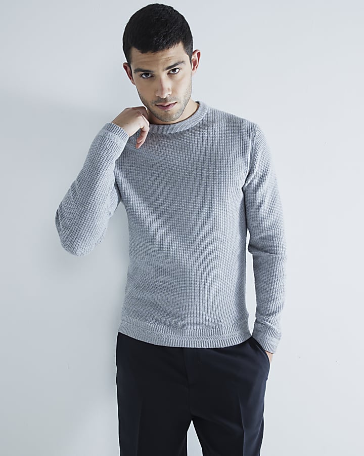 Grey slim fit waffle knit jumper