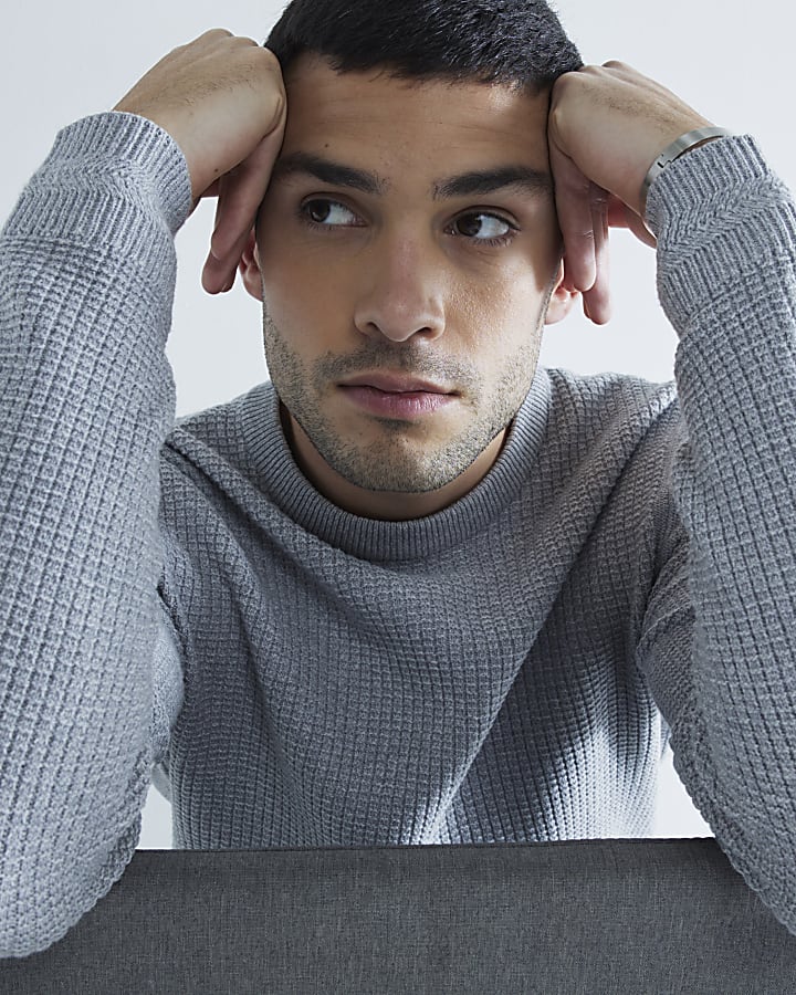 Grey slim fit waffle knit jumper