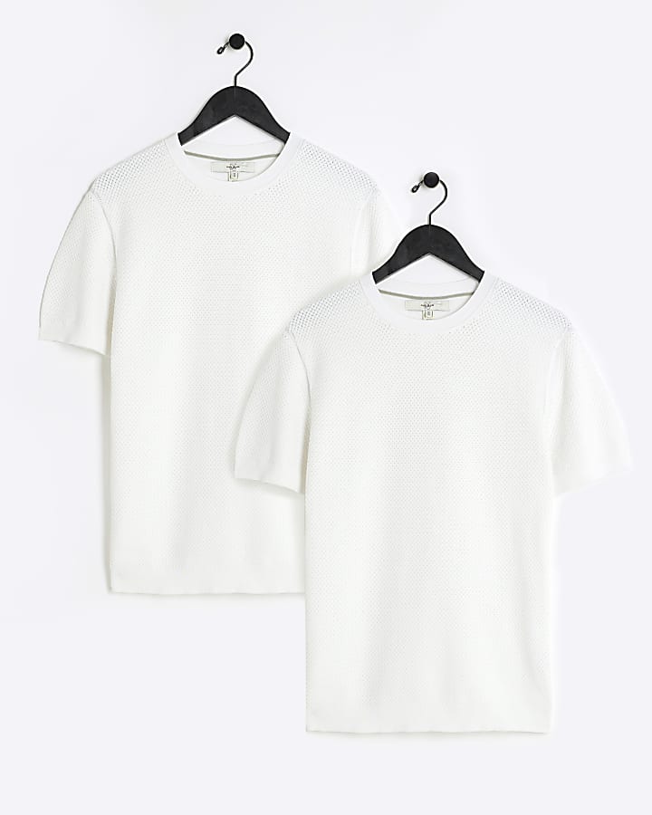 2PK white slim fit knit textured t-shirt