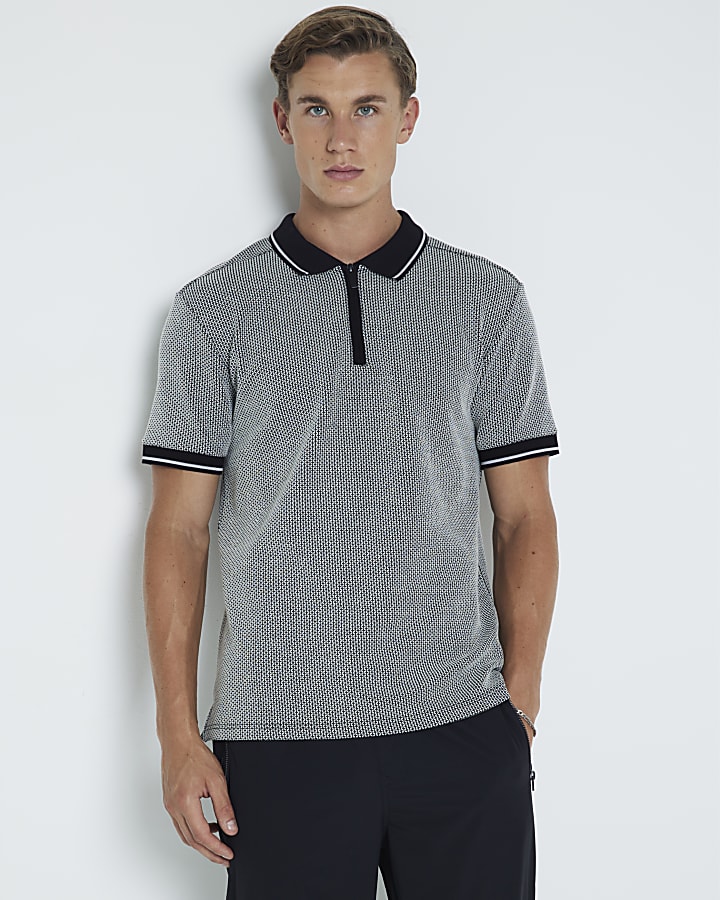 Black slim fit stretch jacquard half zip polo