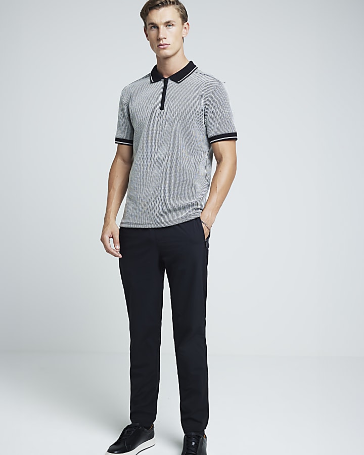 Black slim fit stretch jacquard half zip polo