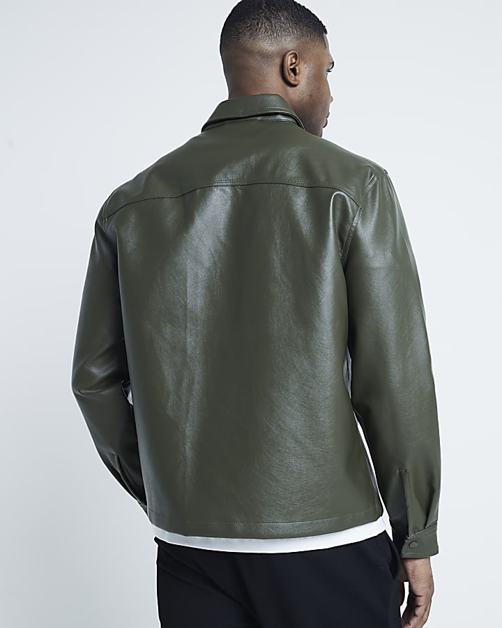 Green regular fit faux leather shirt