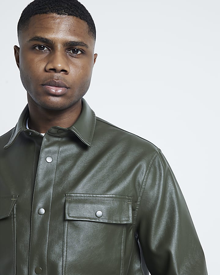 Green regular fit faux leather shirt