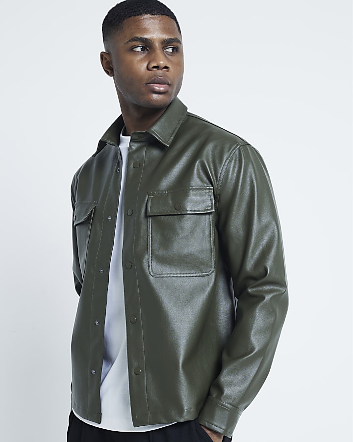 Green regular fit faux leather shirt