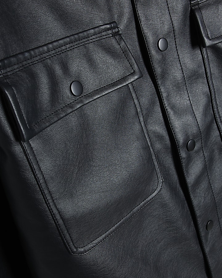 Black Regular Fit Pocket Faux Leather Shirt