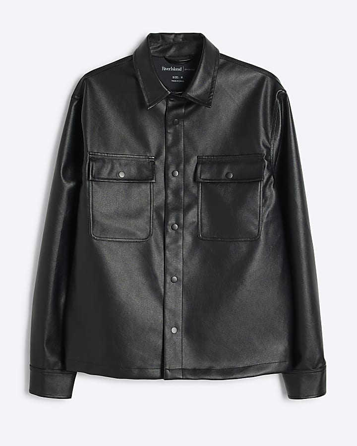 Black Regular Fit Pocket Faux Leather Shirt